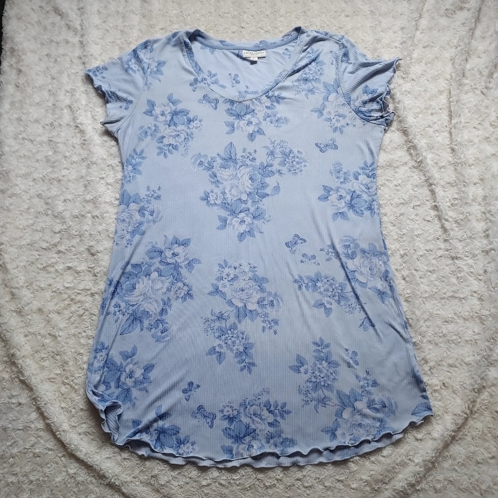 Laura Ashley comfy blue Floral Butterfly pajama nightgown Large Cottagecore